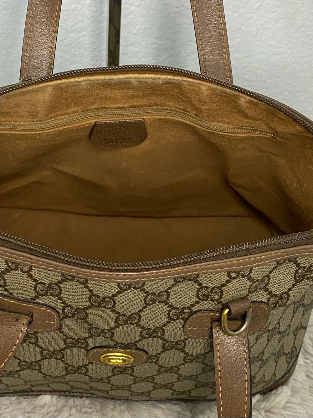 Gucci Tan & Beige GG Canvas Satchel with Gold Hardware